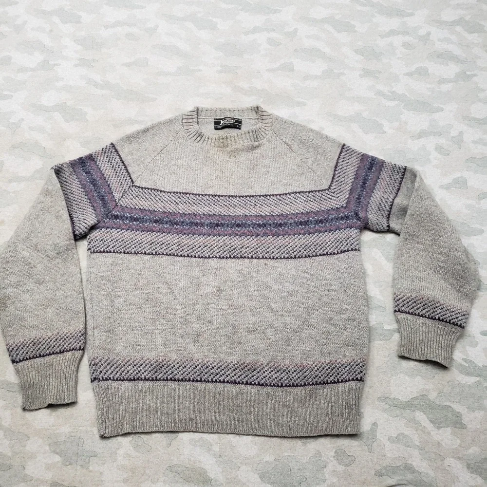 Vintage Jantzen Sweater Mens Large Gray Fair Isle Pullover Birds Eye Grandpa